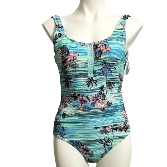 Decree Blue Floral Print One-Piece Swimsuit New With Tag Size L - Picture 1 of 8